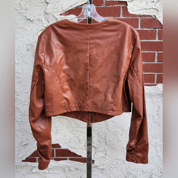 Large women LANE CRAWFORD faux leather zip shirred long sleeve jacket FLAWS - Picture 6 of 16